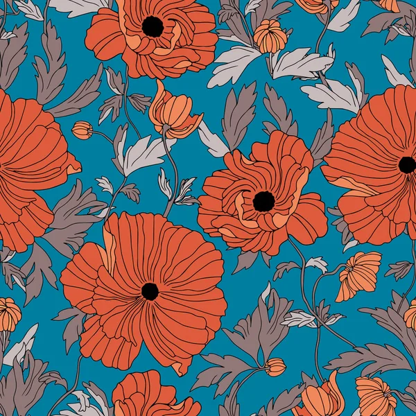 Vektor Sömlösa Mönster Blommor Vallmo Med Blad Botanisk Illustration För Stockillustration