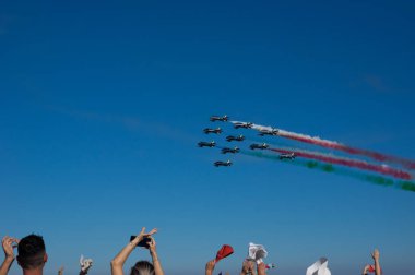 Air show Frecce Tricolori 2022 in Punta Marina, Ravenna, Italy, 2022-06-19, Italian flag in the air.