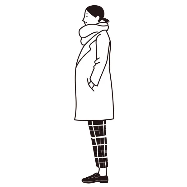 Dibujo Línea Vectorial Una Mujer Lado Con Abrigo Una Bufanda — Vector de stock
