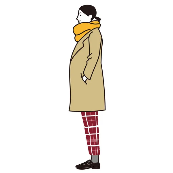 穿着外套和围巾的妇女的侧线画图 — 图库矢量图片