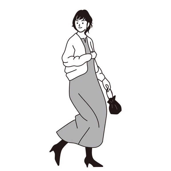 Vector Line Drawing Woman Wearing Cardigan Dress — Stock Vector