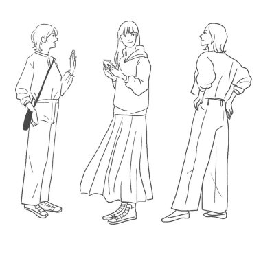 Kış kıyafetleri içinde şık bir kadının vektör çizgisi.