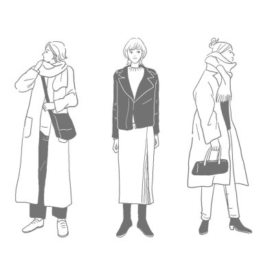 Kış kıyafetleri içindeki genç bir kadının vektör çizimleri.