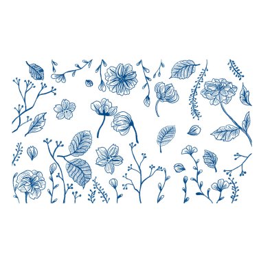 Çiçek ve yaprakların çizgi çizimleri ile vektör illüstrasyon arka planı