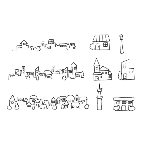 Vector Ilustración Conjunto Lápiz Dibujado Mano Ciudad Edificios — Vector de stock