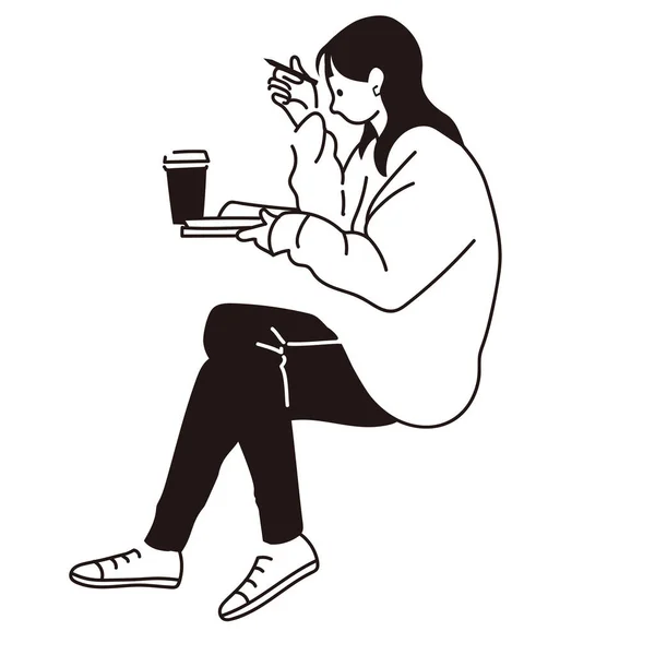 Ilustracja Wektora Rysunek Linii Wektorowej Kobiety Studiującej Kawiarni — Wektor stockowy