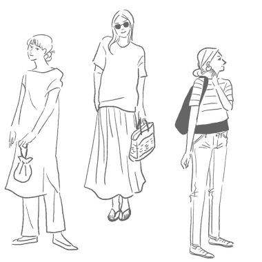 Moda kadın yaz kıyafetlerinin vektör çizimleri.