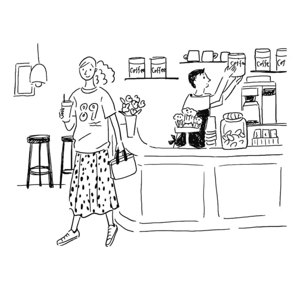 Kafe peyzajı çizimi yapan kadın kahve dükkanı