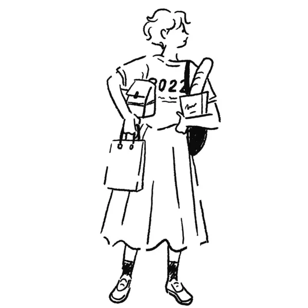 Dessin Trait Une Femme Faisant Shopping — Image vectorielle