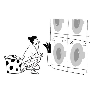 Çiçekleri sulayan bir kadının çizimi