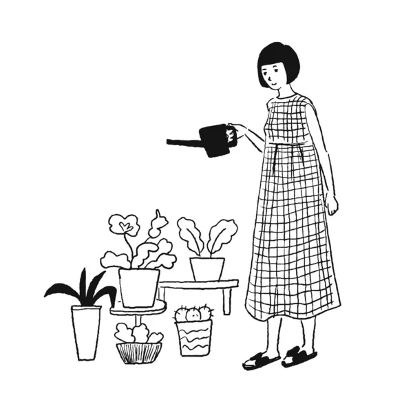 Dibujo Línea Una Mujer Regando Flores — Vector de stock