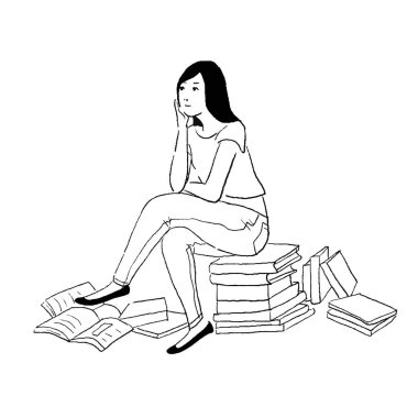 Kitap yığını, kadın, düşünme, çizgi çizme