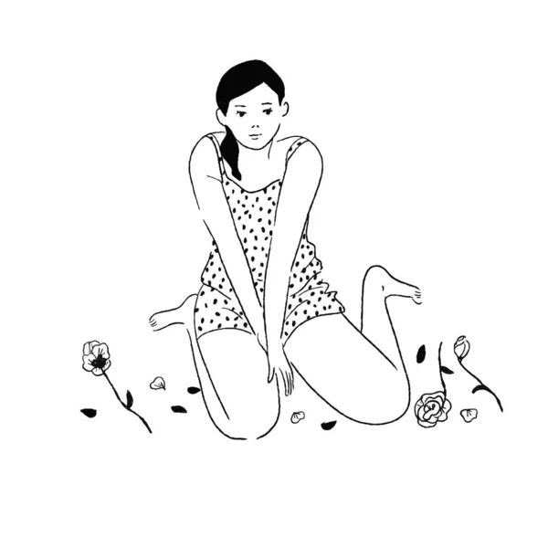 Line Drawing Woman Sitting Pajamas — Stock vektor