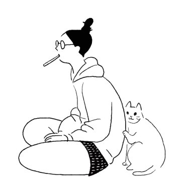 Line drawing of a woman adding a toothbrush and a cat