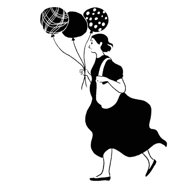 Balonlarla yürüyen bir kadının vektör çizgisi