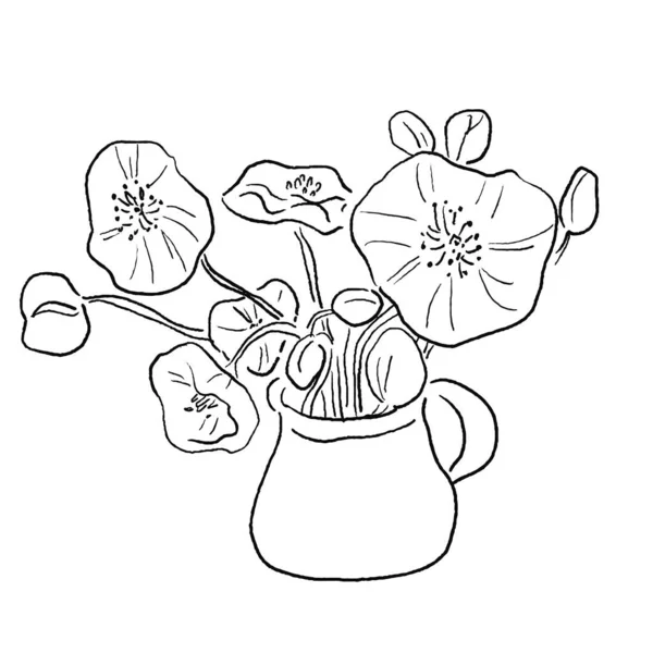 Line Drawing Flowers Poppy Flower Arrangement Vector — Vetor de Stock