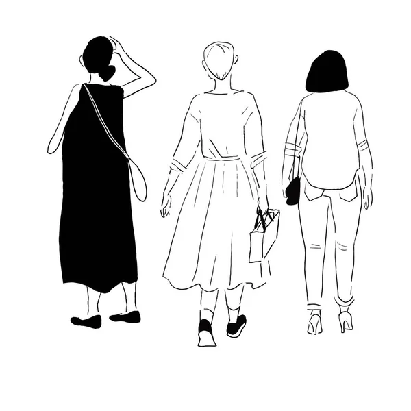 Line Drawing Back View Three Women — 스톡 벡터