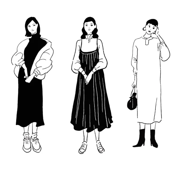 Vector Line Drawing Set Fashionable Woman — Image vectorielle