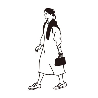 Line drawing of a woman walking in a dress