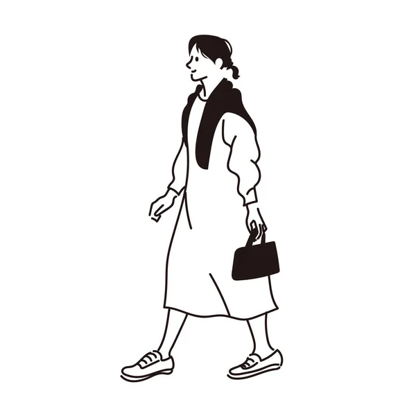 Line Drawing Woman Walking Dress — Stockvektor