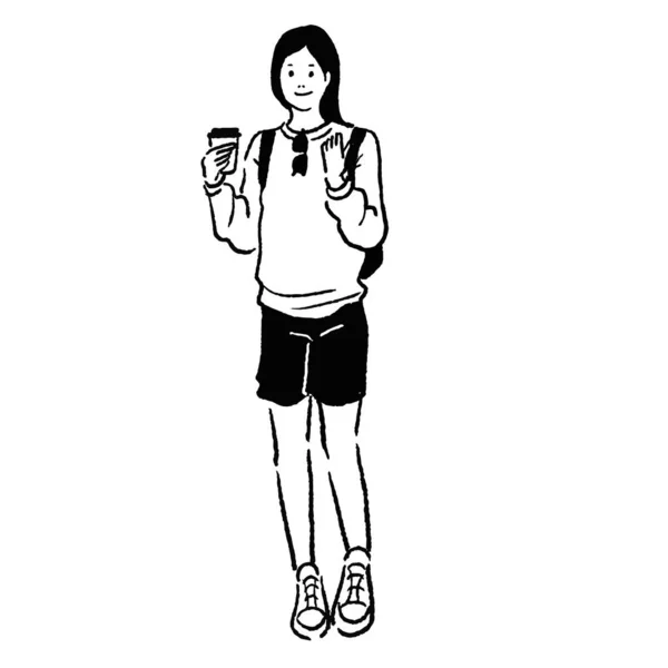 Vector Line Drawing Woman Coffee — Stockvektor