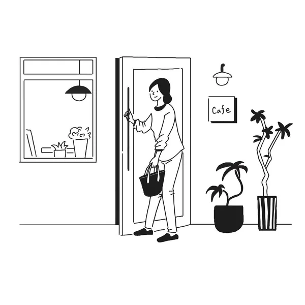 Kafeye giren bir kadının vektör çizgisi