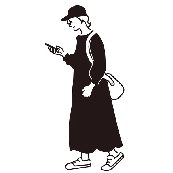 Cep telefonuna bakan bir kadının vektör çizimi
