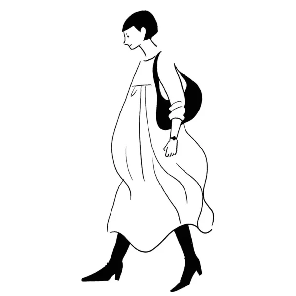 穿着连衣裙走路的妇女的全身线条绘图矢量 — 图库矢量图片