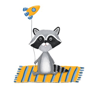 Çocuk kitabı, kart, kartpostal, duvar kağıdı, duvar kağıdı, duvar resmi için güzel bir tasarım. Çocuklar için tasarım, fidanlık. Bebek odasındaki posterde balonlu şirin rakun var..