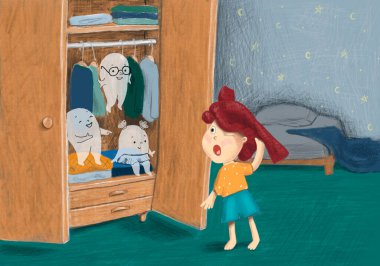 Children's book illustration about a boy and ghosts in his closet