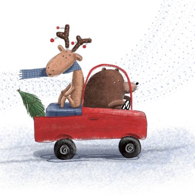 Bir ayı hediyelerle bir geyik ve karlı bir yolda bir Noel ağacı taşır.