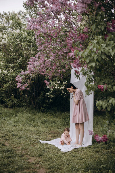 Mother Her Baby Standing White Photo Background Lilac Garden Photo Royalty Free Stock Images