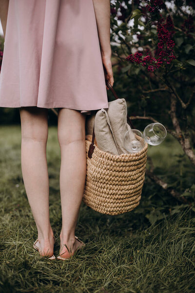 Woman Pink Dress Holds Bag Picnic Set Girl Pink Skirt Royalty Free Stock Photos