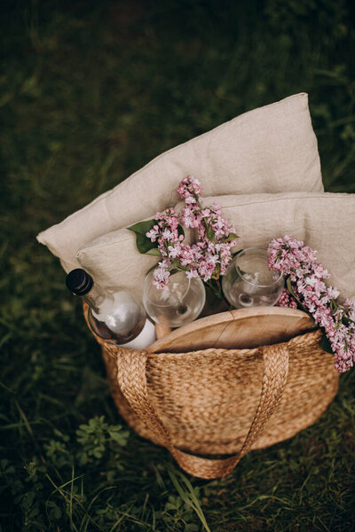 Bag Set Picnic Straw Bag Wine Bottle Glasses Ass Pillows Royalty Free Stock Images