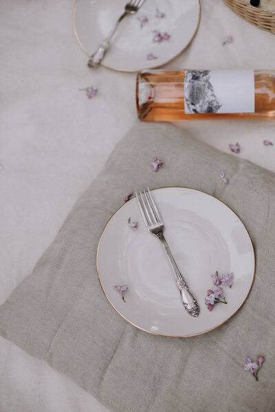 Plate Vintage Fork Butt Cushion Setting Picnic Bottle Rose Wine Stock Photo