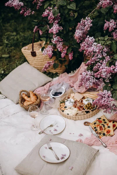 Picnic Setting Two White Blanket Picnic Outdoors Cheese Plate Pastries — Stok Foto