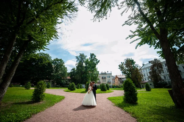 Mooie Bruid Bruidegom Poseren Het Park — Stockfoto