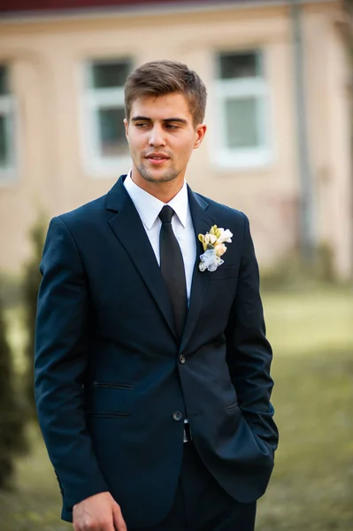 Handsome Groom Suit Tie Posing Outdoors — Foto Stock