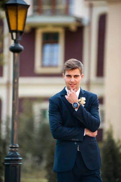 Handsome Groom Suit Tie Posing Outdoors — Stockfoto