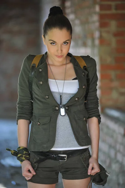 Soldier Woman Military Uniform Lara Croft Style — Stock Photo, Image