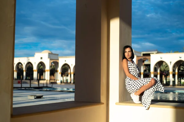 Beautiful Young Woman White Dress Blue Shirt Background Sea — Stockfoto