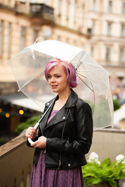 Feeling Dry Protected Attractive Young Woman Carrying Umbrella Smiling While — Stock Photo, Image