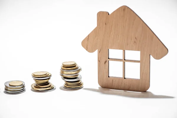 Coin Money House Model Wooden Background Finance Banking Concept — Stock Photo, Image