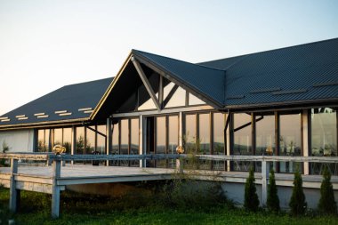 Front view of modern designed concrete residential house