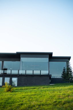 Front view of modern designed concrete residential house