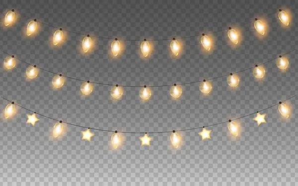 Світло Золоті Різдвяні Або Новорічні Гірлянди Лампочки Ізольовані Прозорому Фоні — стоковий вектор