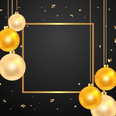 Noel ve Yeni Yıl poster şablonu, parlak altın çerçeveli, toplar, yıldızlar ve siyah arka planda konfeti. Vektör illüstrasyonu