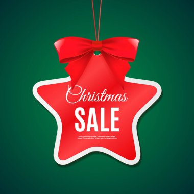 Mutlu Noeller etiketi. Kırmızı yay, yıldız etiketi ve yeşil arka planı olan bir afiş şablonu. Vektör illüstrasyonu EPS10