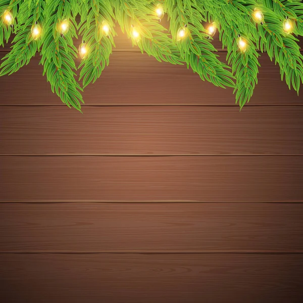 Векторні Ялинкові Гілки Різдвяні Вогні Коричневому Дерев Яному Фоні Реалістична — стоковий вектор