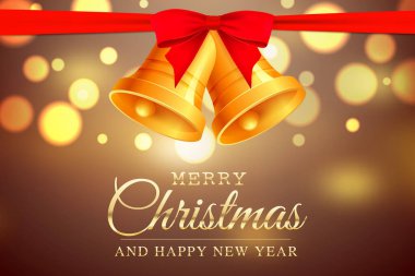Yılbaşı ve yılbaşı kartı, içinde çanlar ve Noel ışıkları olan. Web tasarımı için güzel parlak kış afişi